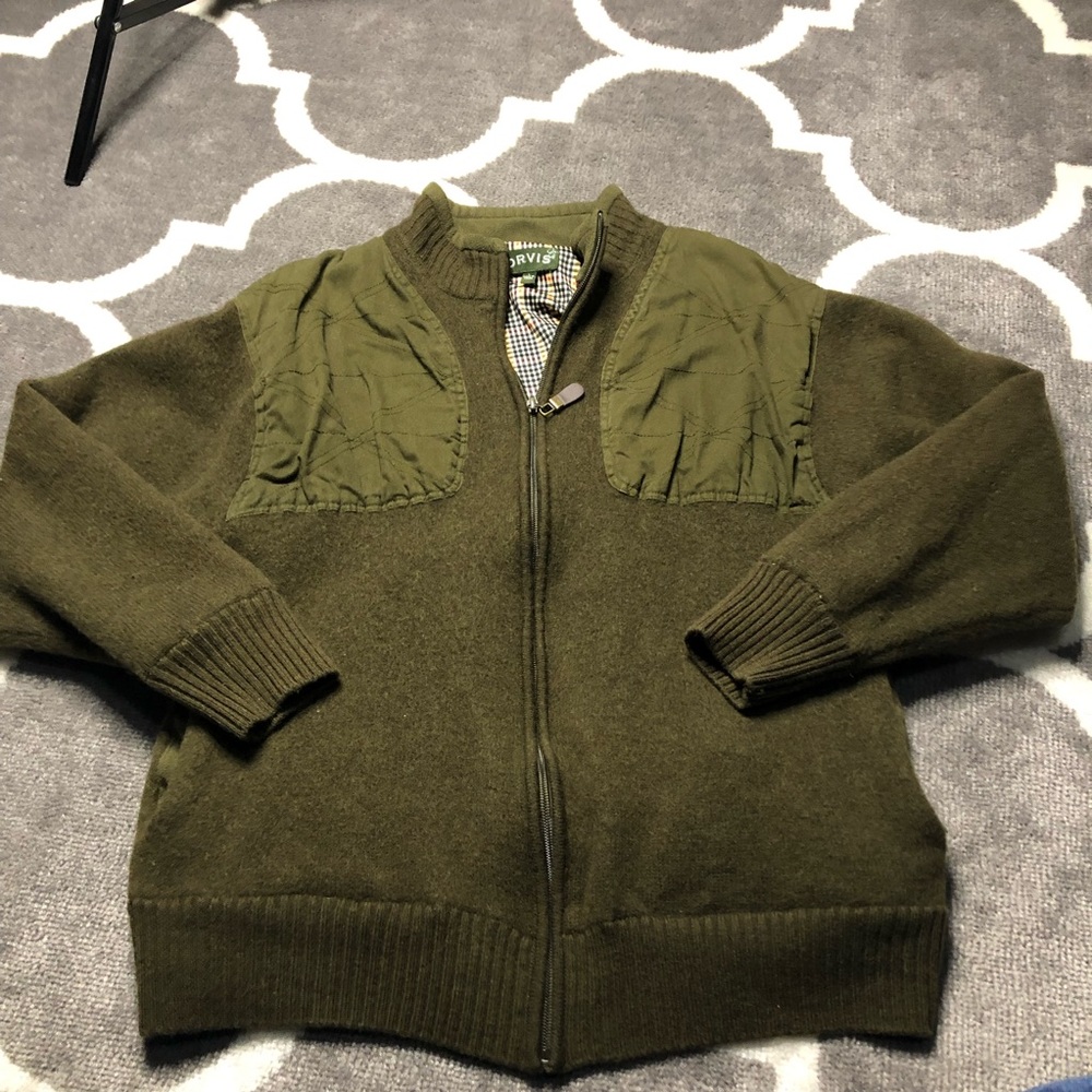 Orvis Sweater Jacket Mens Large 100 percent Wool Coat Pockets Army Green